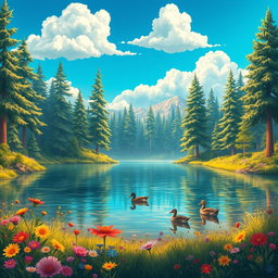 A vibrant and detailed digital illustration of a dreamy landscape featuring a serene lake surrounded by tall pine trees under a bright blue sky, with fluffy white clouds