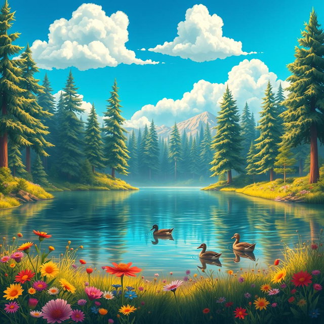 A vibrant and detailed digital illustration of a dreamy landscape featuring a serene lake surrounded by tall pine trees under a bright blue sky, with fluffy white clouds