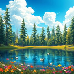 A vibrant and detailed digital illustration of a dreamy landscape featuring a serene lake surrounded by tall pine trees under a bright blue sky, with fluffy white clouds