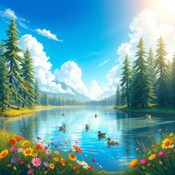A vibrant and detailed digital illustration of a dreamy landscape featuring a serene lake surrounded by tall pine trees under a bright blue sky, with fluffy white clouds
