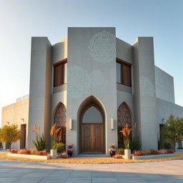 A striking modern concrete building characterized by minimalist design, creatively decorated with elements symbolizing Nowruz