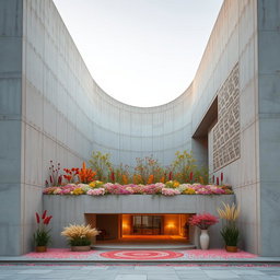 A striking modern concrete building characterized by minimalist design, creatively decorated with elements symbolizing Nowruz