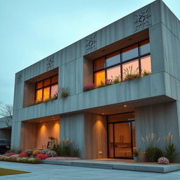 A striking modern concrete building characterized by minimalist design, creatively decorated with elements symbolizing Nowruz