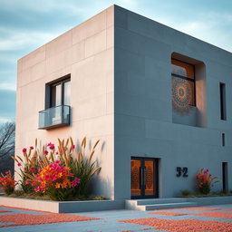 A striking modern concrete building characterized by minimalist design, creatively decorated with elements symbolizing Nowruz