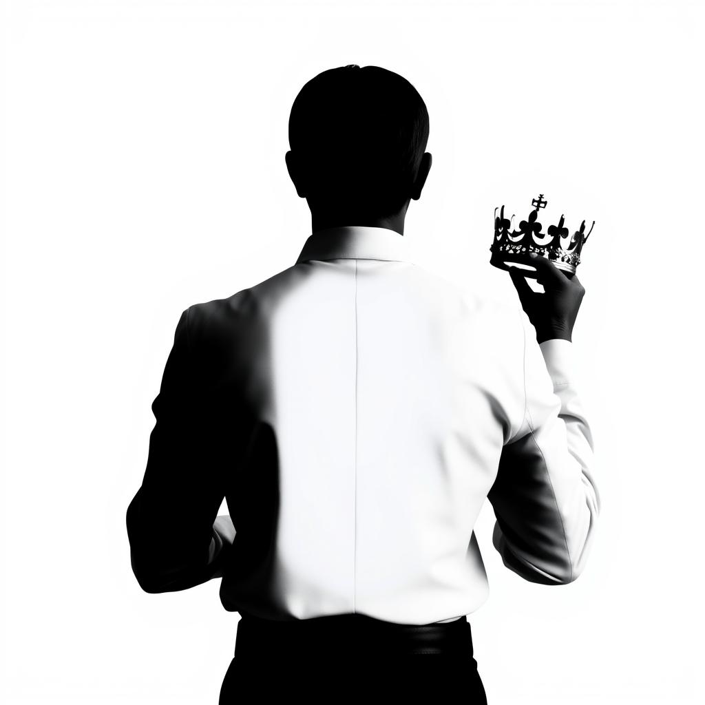 A silhouette of a prince from the back, with a stark white background