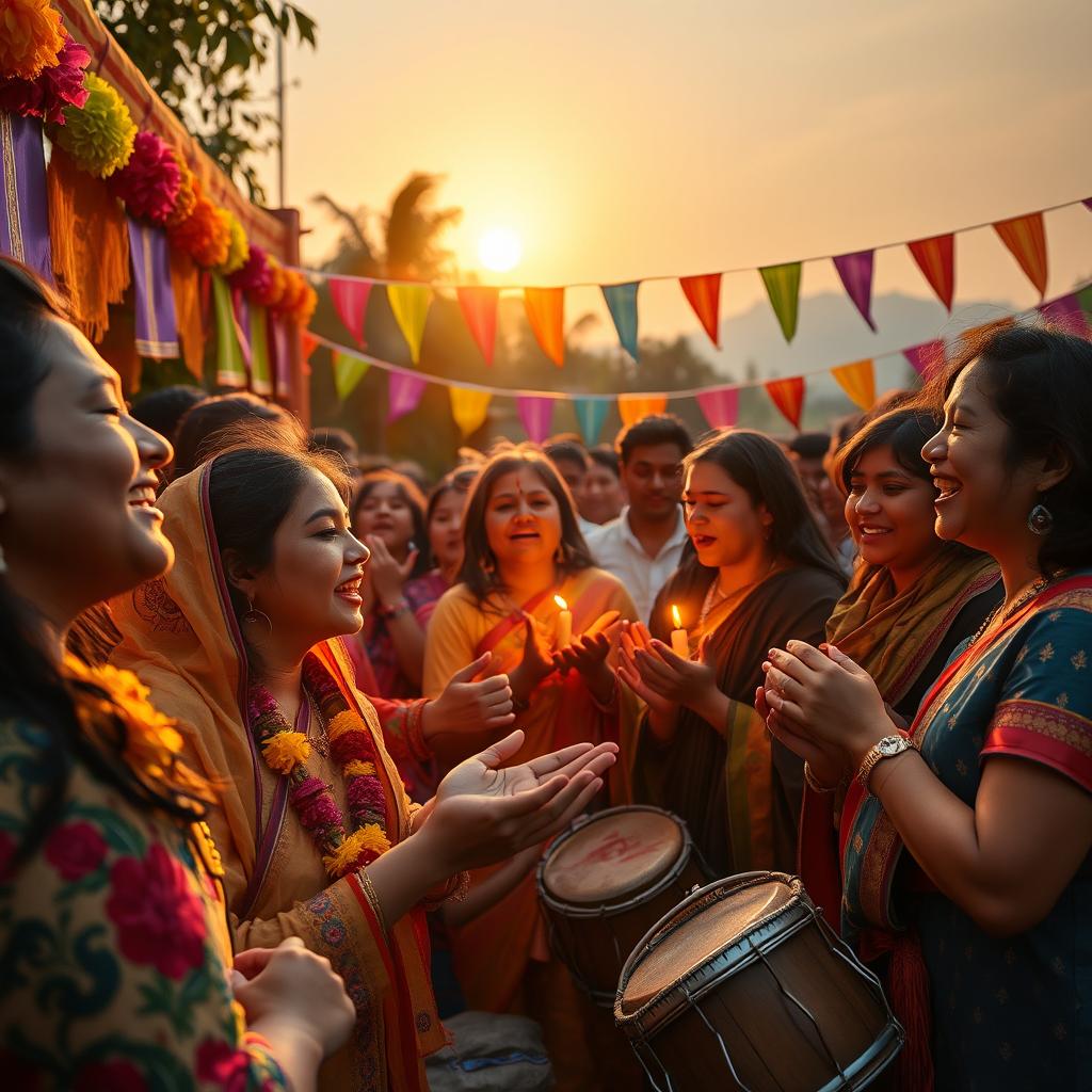 A vibrant scene of a group of joyful people engaged in a ritualistic celebration, resonating with the essence of spirituality and community