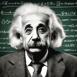 A portrait of an iconic figure such as Albert Einstein, known for his wild hair and mustache, with a chalkboard full of complex equations in the background.