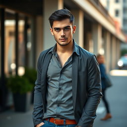 A realistic full-body portrait of a handsome man with striking short black hair and rare blue eyes