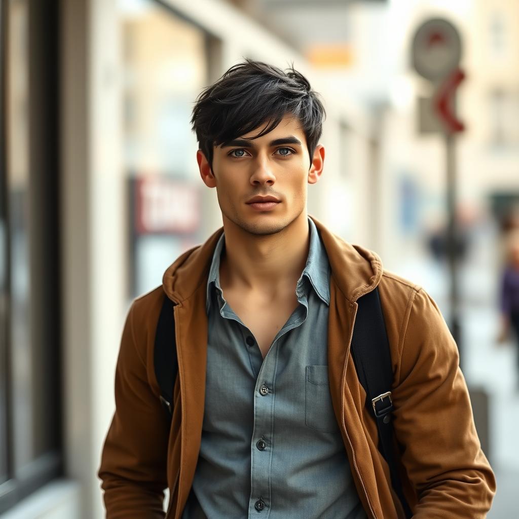 A realistic full-body portrait of a handsome man with striking short black hair and rare blue eyes