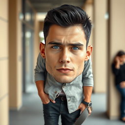 A realistic full-body portrait of a handsome man with striking short black hair and rare blue eyes