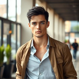 A realistic full-body portrait of a handsome man with striking short black hair and rare blue eyes