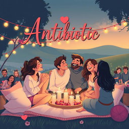 A romantic and lively illustration depicting a group of friends enjoying a fun gathering in a picturesque setting