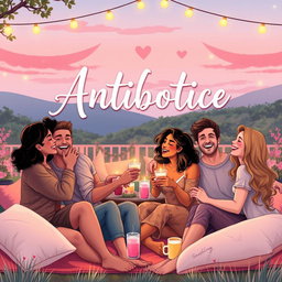 A romantic and lively illustration depicting a group of friends enjoying a fun gathering in a picturesque setting