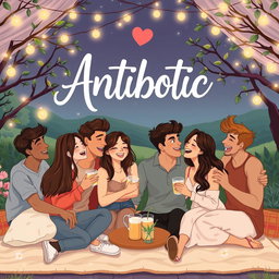 A romantic and lively illustration depicting a group of friends enjoying a fun gathering in a picturesque setting