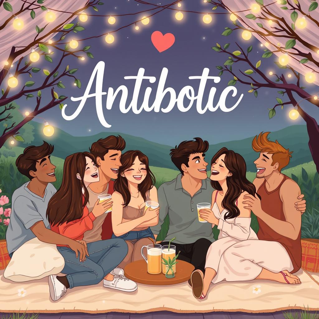 A romantic and lively illustration depicting a group of friends enjoying a fun gathering in a picturesque setting