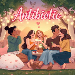 A romantic and lively illustration depicting a group of friends enjoying a fun gathering in a picturesque setting