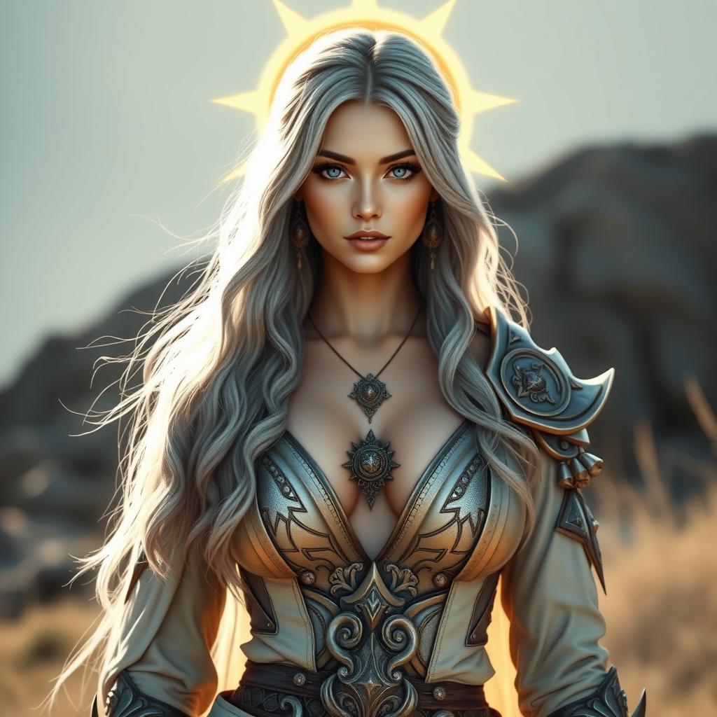 A beautiful Ukrainian sun cleric healer, slim and majestic, with long ash grey hair cascading elegantly