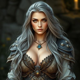 A beautiful Ukrainian sun cleric healer, slim and majestic, with long ash grey hair cascading elegantly