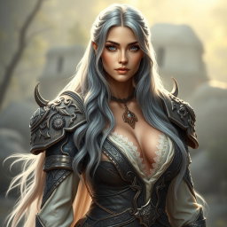 A beautiful Ukrainian sun cleric healer, slim and majestic, with long ash grey hair cascading elegantly