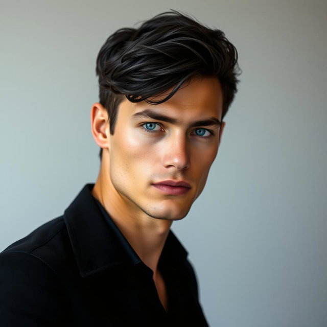 A realistic full-body portrait of a man with beautiful short black hair and striking blue eyes