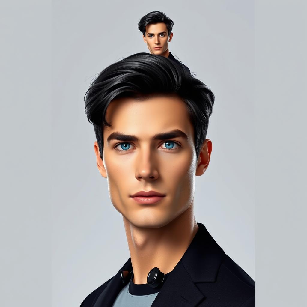 A realistic full-body portrait of a man with beautiful short black hair and striking blue eyes