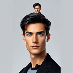 A realistic full-body portrait of a man with beautiful short black hair and striking blue eyes