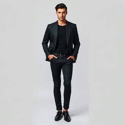 A realistic full-body portrait of a man with beautiful short black hair and striking blue eyes