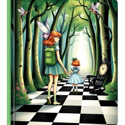 In the heart of an enchanted forest, an adult female character with a green backpack is accompanied by two fairies flying on either side of her shoulders