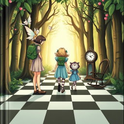 In the heart of an enchanted forest, an adult female character with a green backpack is accompanied by two fairies flying on either side of her shoulders
