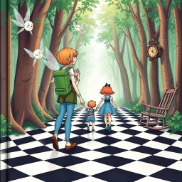 In the heart of an enchanted forest, an adult female character with a green backpack is accompanied by two fairies flying on either side of her shoulders