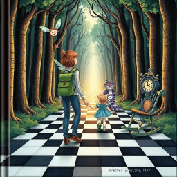 In the heart of an enchanted forest, an adult female character with a green backpack is accompanied by two fairies flying on either side of her shoulders