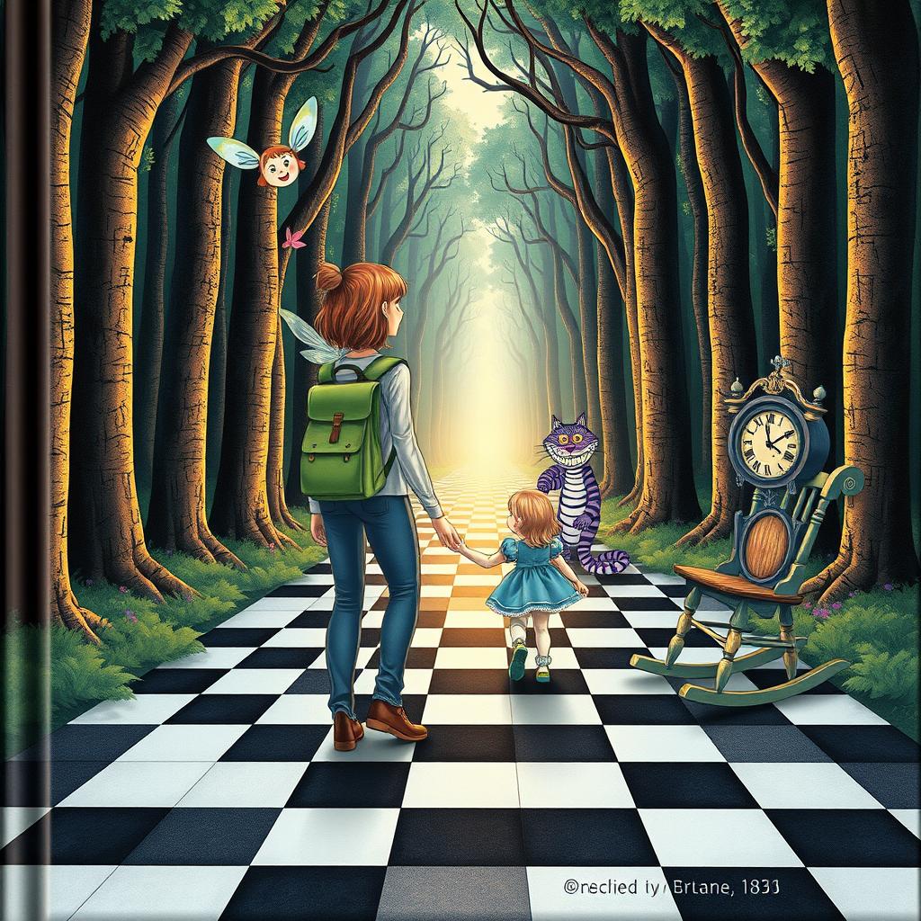 In the heart of an enchanted forest, an adult female character with a green backpack is accompanied by two fairies flying on either side of her shoulders