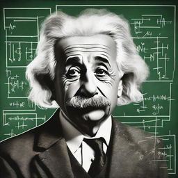 A portrait of an iconic figure such as Albert Einstein, known for his wild hair and mustache, with a chalkboard full of complex equations in the background.