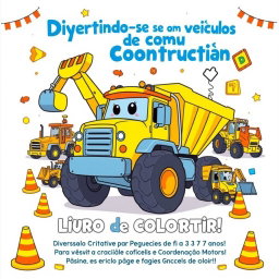 A playful and engaging illustration for a coloring book cover featuring a large, friendly construction vehicle as the central focus, such as a smiling excavator or a cheerful dump truck, surrounded by smaller vehicles like bright concrete mixers, joyful tractors, and playful backhoes