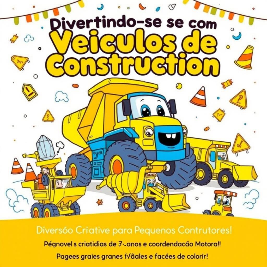A playful and engaging illustration for a coloring book cover featuring a large, friendly construction vehicle as the central focus, such as a smiling excavator or a cheerful dump truck, surrounded by smaller vehicles like bright concrete mixers, joyful tractors, and playful backhoes