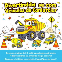 A playful and engaging illustration for a coloring book cover featuring a large, friendly construction vehicle as the central focus, such as a smiling excavator or a cheerful dump truck, surrounded by smaller vehicles like bright concrete mixers, joyful tractors, and playful backhoes