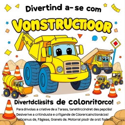 A playful and engaging illustration for a coloring book cover featuring a large, friendly construction vehicle as the central focus, such as a smiling excavator or a cheerful dump truck, surrounded by smaller vehicles like bright concrete mixers, joyful tractors, and playful backhoes