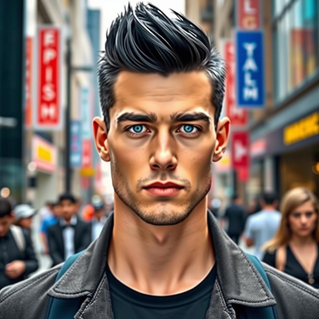 A tall man with striking black short hair and captivating blue eyes