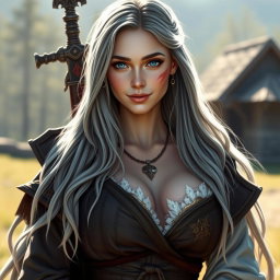 A beautiful Ukrainian sun cleric healer girl, slim and majestic, with long ash grey hair cascading down her shoulders