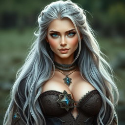 A beautiful Ukrainian sun cleric healer girl, slim and majestic, with long ash grey hair cascading down her shoulders