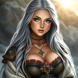 A beautiful Ukrainian sun cleric healer girl, slim and majestic, with long ash grey hair cascading down her shoulders