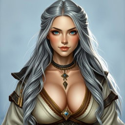 A beautiful Ukrainian sun cleric healer girl, slim and majestic, with long ash grey hair cascading down her shoulders