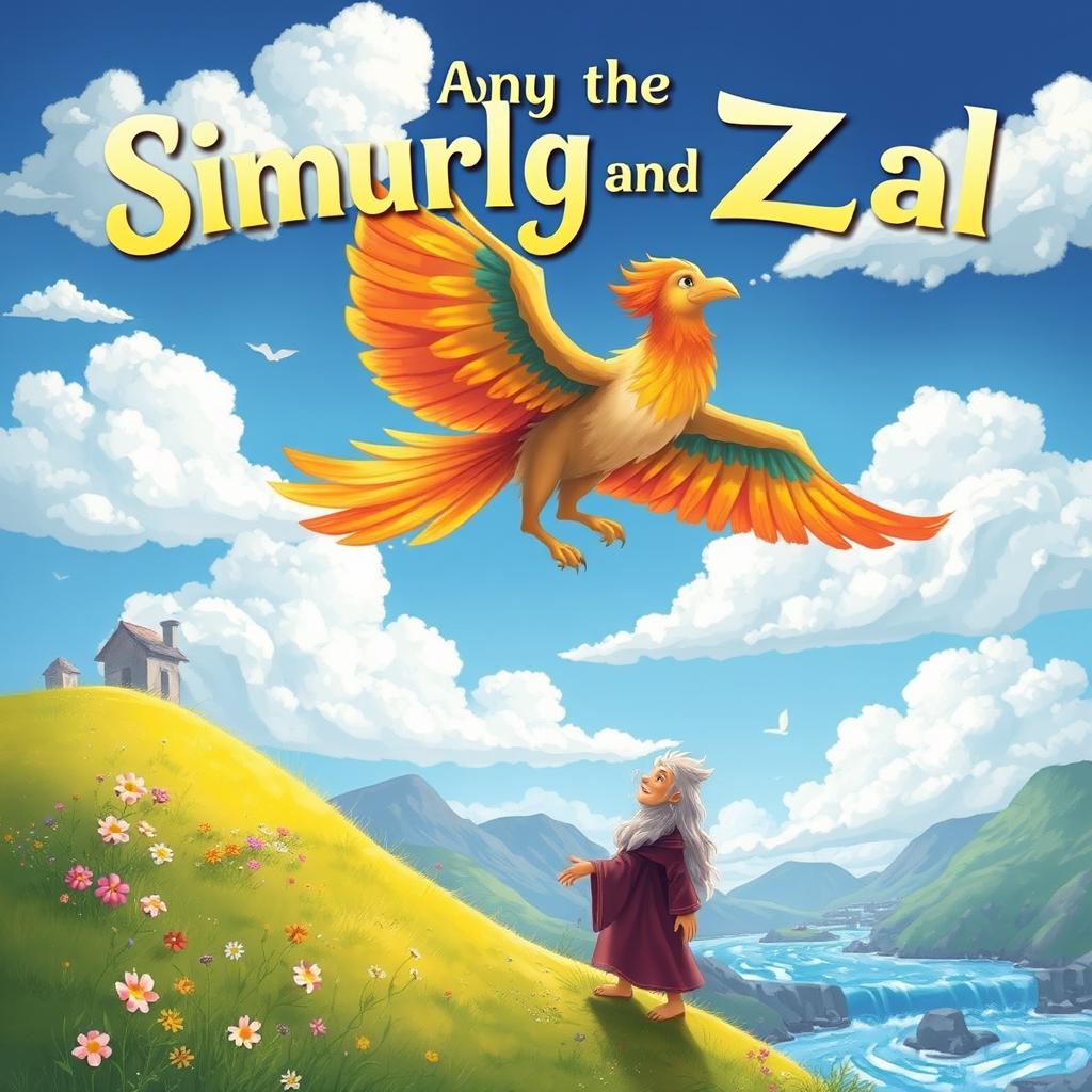 An epic cover illustration for a children's book about the mythical characters Simurgh and Zal