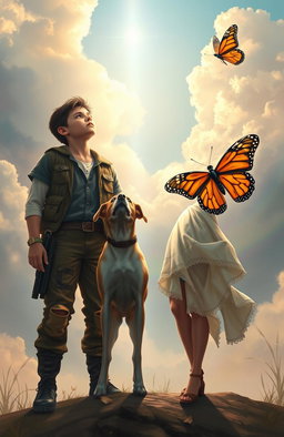 A religious fantasy scene featuring a young tough man and a young woman standing side by side, accompanied by a three-legged dog and a vibrant monarch butterfly