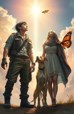 A religious fantasy scene featuring a young tough man and a young woman standing side by side, accompanied by a three-legged dog and a vibrant monarch butterfly