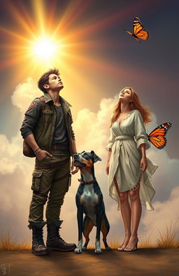 A religious fantasy scene featuring a young tough man and a young woman standing side by side, accompanied by a three-legged dog and a vibrant monarch butterfly