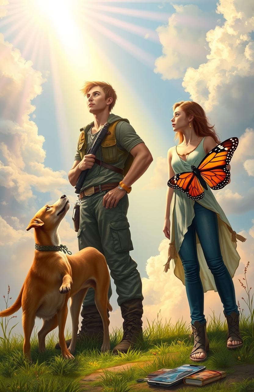 A religious fantasy scene featuring a young tough man and a young woman standing side by side, accompanied by a three-legged dog and a vibrant monarch butterfly