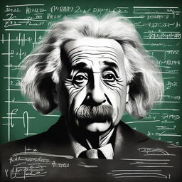 A portrait of an iconic figure such as Albert Einstein, known for his wild hair and mustache, with a chalkboard full of complex equations in the background.