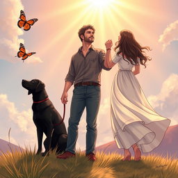 A religious fantasy story illustration featuring a man holding a woman's hand, both gazing up at the sky