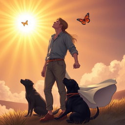 A religious fantasy story illustration featuring a man holding a woman's hand, both gazing up at the sky